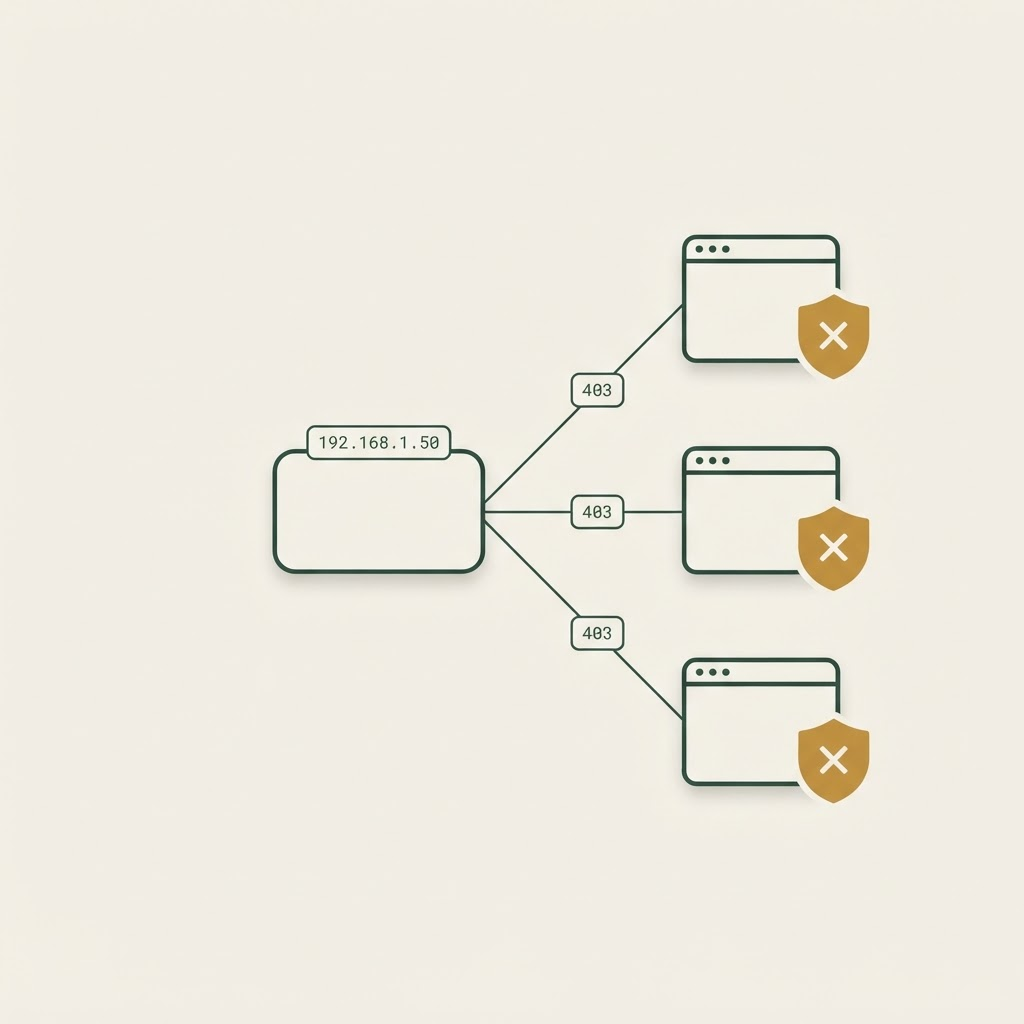Diagram showing a Centurion brain IP address being blocked by multiple websites with 403 errors